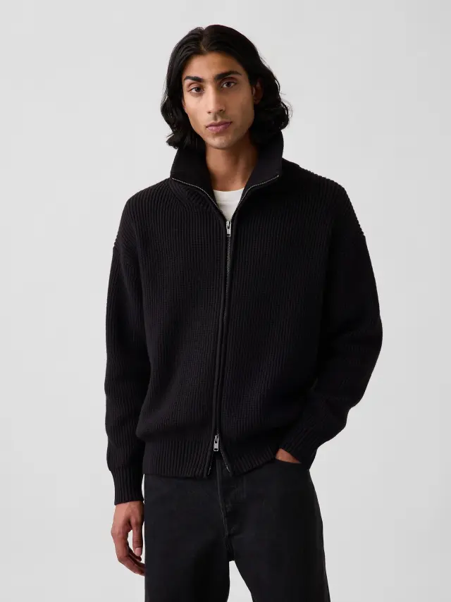 Ανδρική Ζακέτα Πλεκτή Oversized με Διπλό Φερμουάρ True black