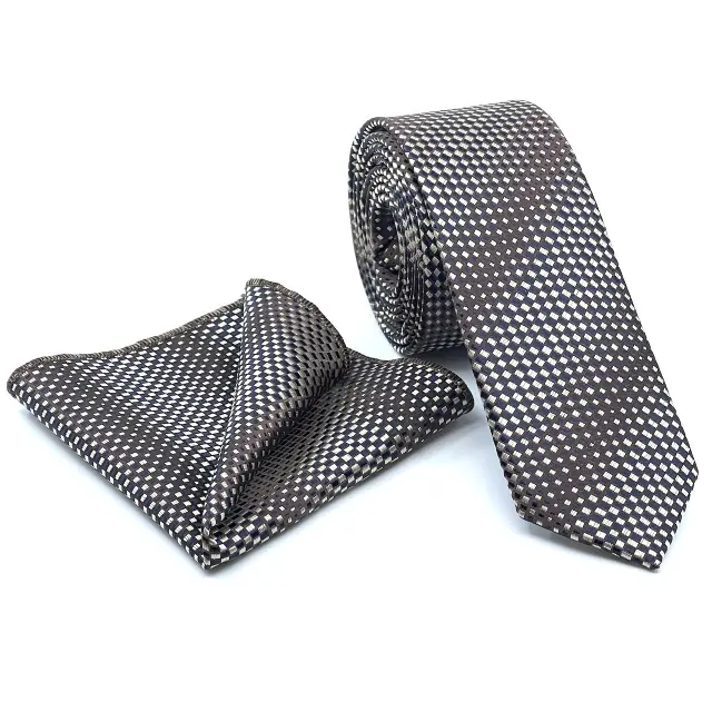 Καφέ - Μπλε Σχεδιαστική Γραβάτα Microfiber Σετ με Μαντήλι