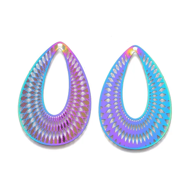 Διακοσμητικό από Ανοξείδωτο Ατσάλι 201 Etched Filigree Teardrop 40.5x27x0.3mm - Multicolor - 5τεμ