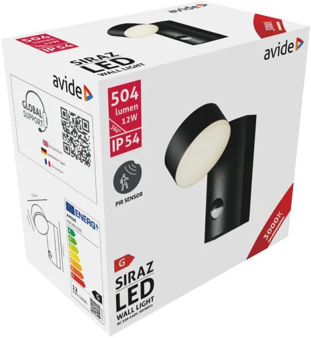 Avide Εξωτερικό Φωτιστικό Τοίχου Siraz LED 12W με motion Αισθητήρας Κίνησης Θερμό 3000K IP54 15.001.0828 2