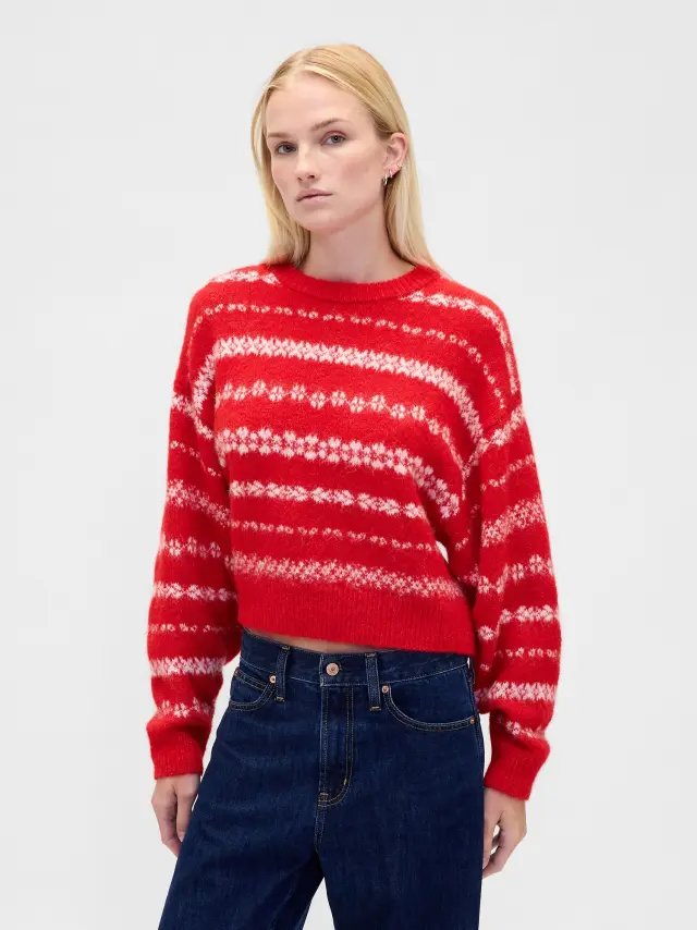Fuzzy Oversized Πουλόβερ με Στρογγυλή Λαιμόκοψη Ivory beige fair isle
