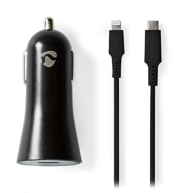 Universal φορτιστής αυτοκινήτου USB-C, 3.0Α & PD20W, με αποσπώμενο καλώδιο Lightning 8-Pin, σε μαύρο χρώμα.