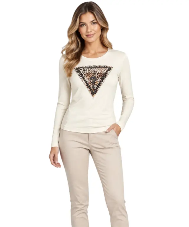 Guess - Γυναικεία Μακρυμάνικη Μπλούζα W6BI57K7387-G012 Μπεζ - 2XL