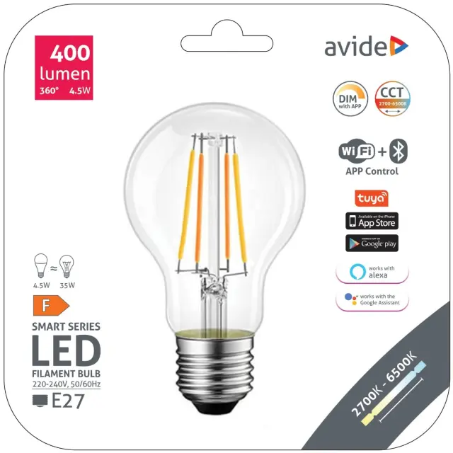Avide LED Smart Filament Κοινή A60 4.5W CCT WIFI + BLE APP Control 15.001.0710
