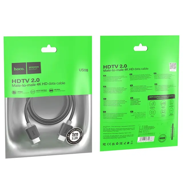 Καλώδιο Hoco US08 HDMI 2.0 σε HDMI 4K 60Hz HD 18Gbps Μαύρο 1m 2