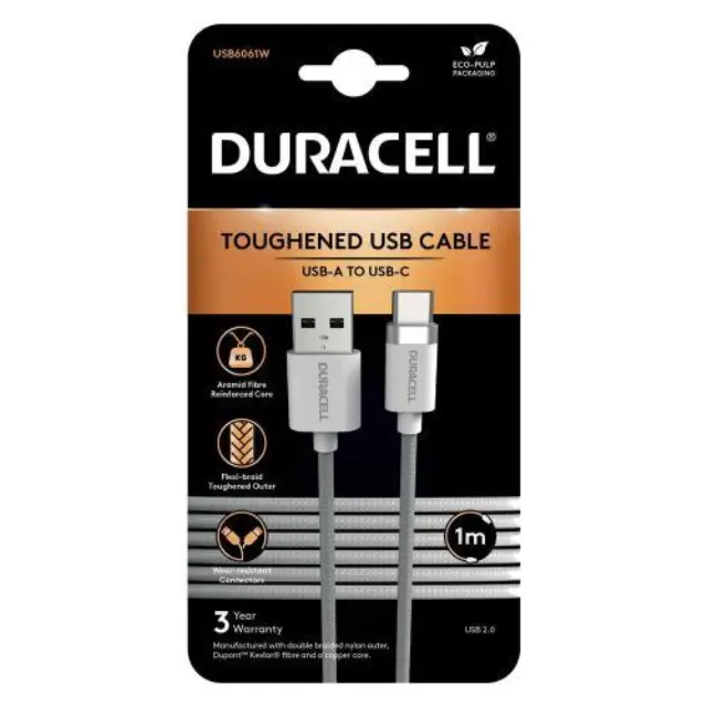 Καλώδιο Σύνδεσης USB 2.0 Duracell Braided Kevlar USB A σε USB C 15W 1m Λευκό N63357