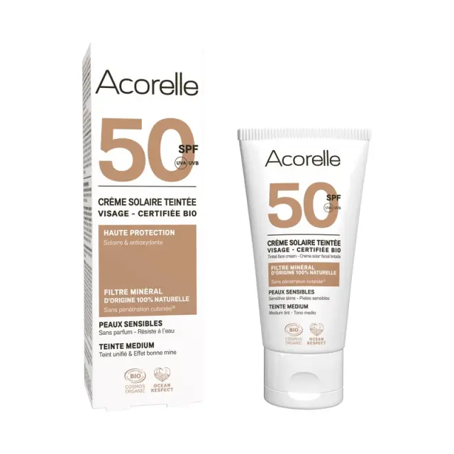 Acorelle Certified Organic Tinted Face Sunscreen SPF 50 Medium - Βιολογικό Αντηλιακό Προσώπου SPF50, Με Χρώμα, για Μεσαίο Τόνο Επιδερμίδας, 50ml