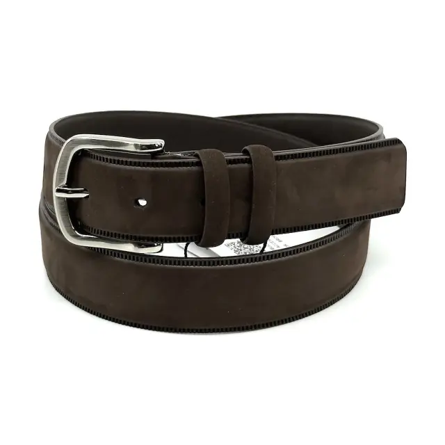 Καφέ Δερμάτινη Ζώνη Nubuck με Περιμετρικό Γαζί 3,5 cm