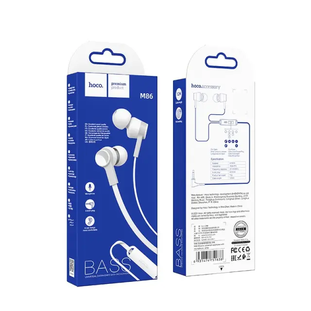 Hands Free Hoco M86 Oceanic Universal Earphones Deep Bass Stereo με 3.5mm Γωνιακό Κονέκτορα Λευκό 1.2m 2
