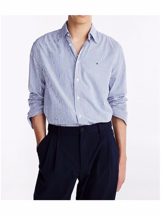 Tommy Hilfiger Μακρυμάνικo Βαμβακερό Πουκάμισο σε Κανονική Γραμμή Ριγέ Wedge Blue / Optic White Μπλε - L