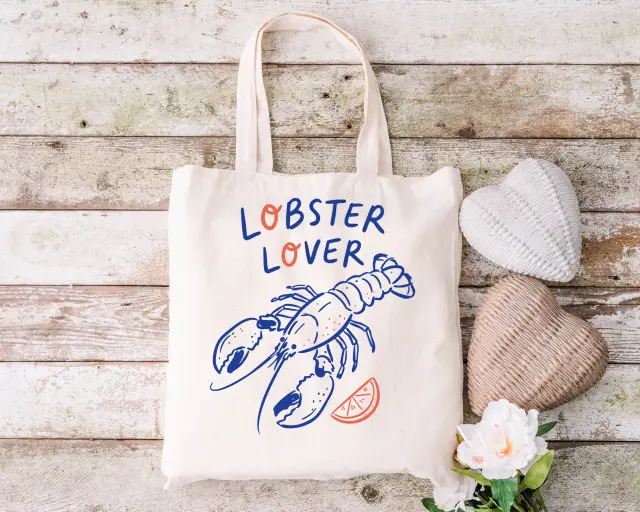 Τσάντα πάνινη υφασμάτινη εκρού με σχέδιο Lobster Lover διαστάσεις: 38x40cm μαζί με τα χερούλια 38x70cm