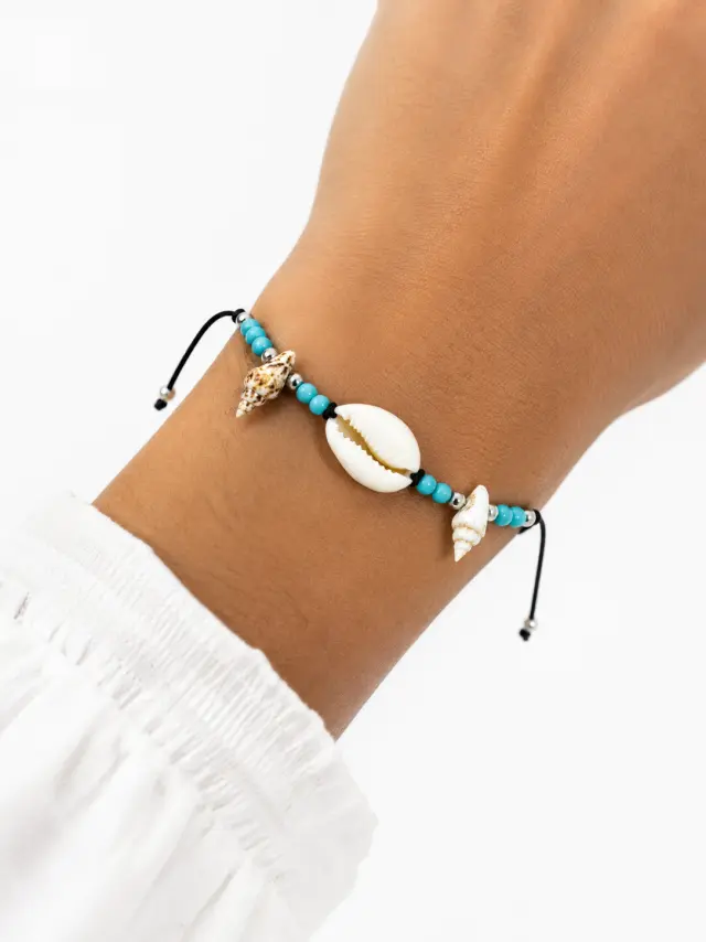 Ghetto Adjustable Shell Bracelet with Turquoise Beads – Stainless Steel 3