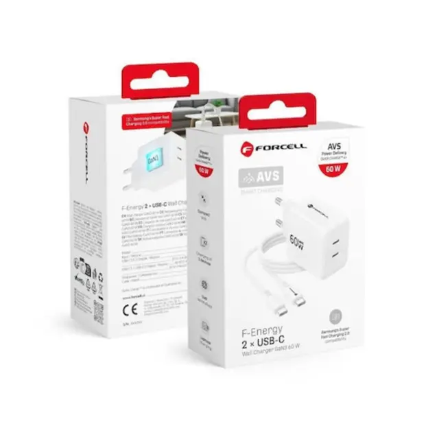 Phone charger Forcell F-Energy GaN III 2x USB C AVS SSFC3.0 60W + USB C to USB C white