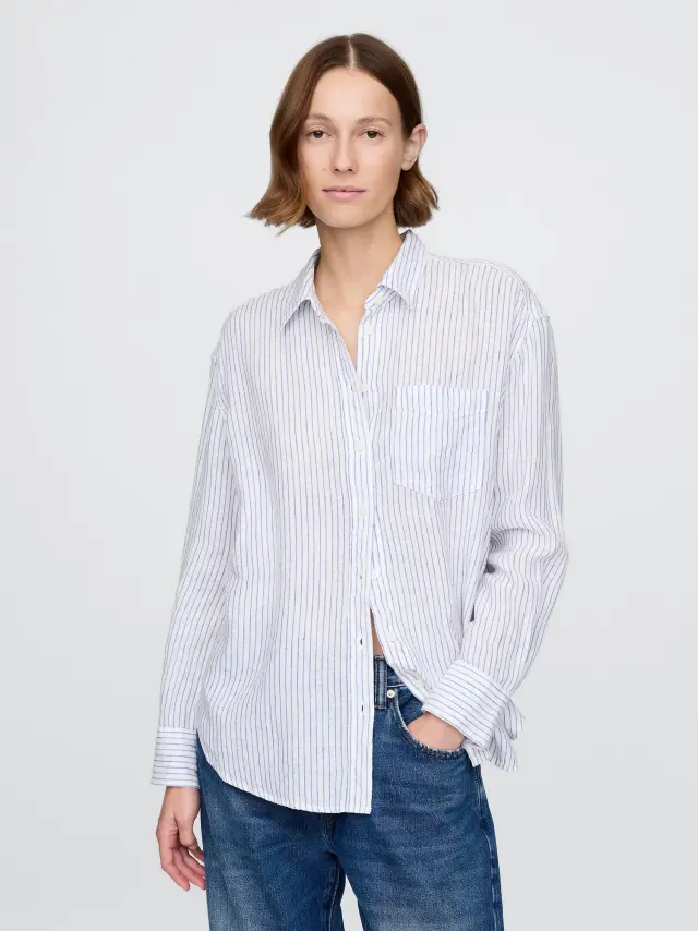 Μπλε Ριγέ 100% Λινό Relaxed Πουκάμισο Blue stripe - XL