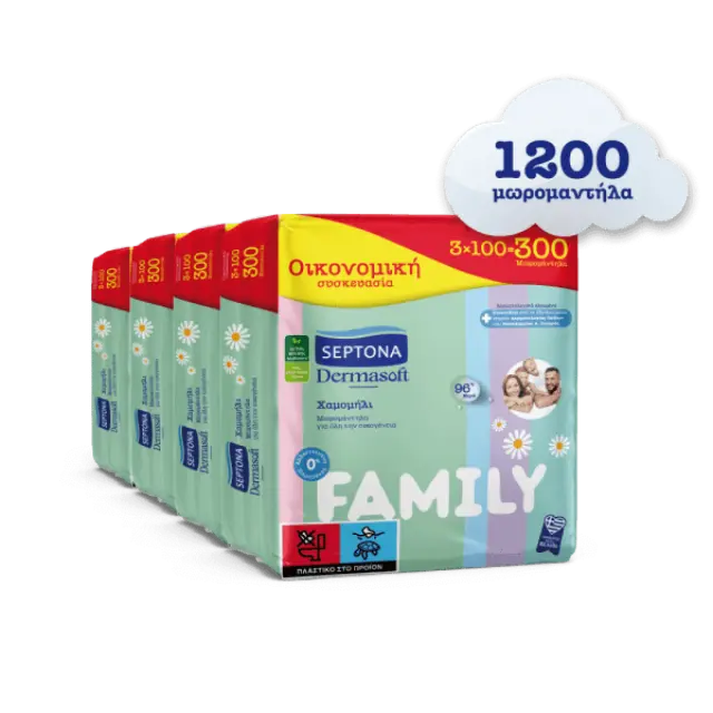 Septona Πακέτο Προσφοράς 12 ΤΕΜΑΧΙΑ Dermasoft Family Pack Μωρομάντηλα για όλη την οικογένεια (χαμομήλι) – 12 Χ 100τεμ.