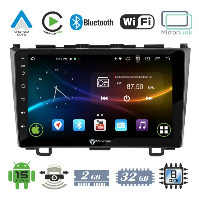 VenCore Οθόνη Multimedia Android 15 9" 9109A MTK6762 Octa-Core 2GB/32GB IPS με Πρόσοψη, CarPlay, Android Auto και Υποστήριξη Κάμερας Οπισθοπορείας AHD για Honda CRV 2006-2012 – Μαύρη (3236-10007-0110B)