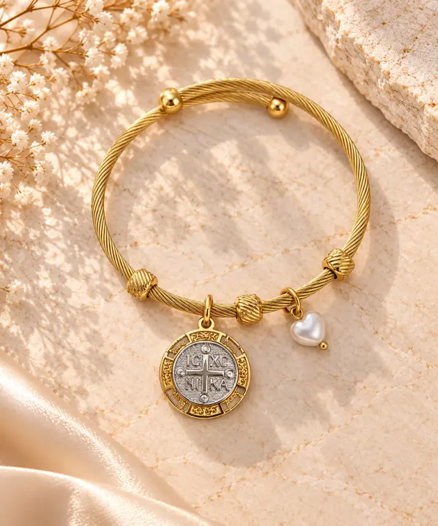 Stainless Steel Cuff Bracelet with Byzantine Coin & Heart Charm