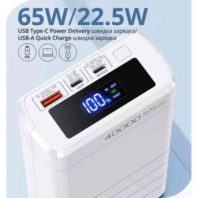 Remax Dinba Power Bank 40000mAh 65W με Θύρα USB-A και 2 Θύρες USB-C Power Delivery Λευκό 2