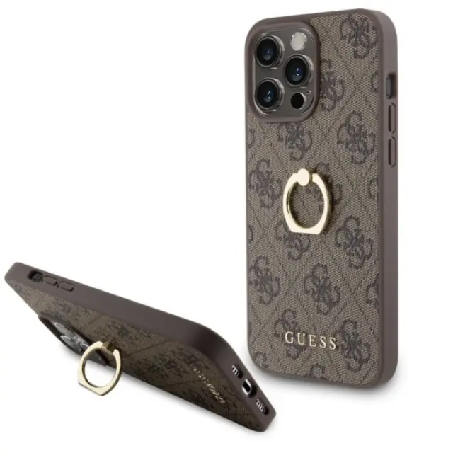 Guess iPhone 15 Pro Max Case Cover 4G Ring Stand Halter Brown