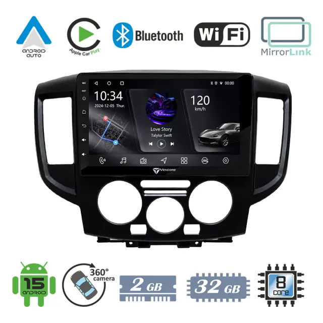 VenCore Οθόνη Multimedia Android 15 9" PX5S Octa-Core 2GB/32GB IPS με Πρόσοψη, CarPlay, Android Auto και Υποστήριξη Κάμερας 360° για Nissan NV200 2009-2019 – Μαύρη (3236-10005-0391B)