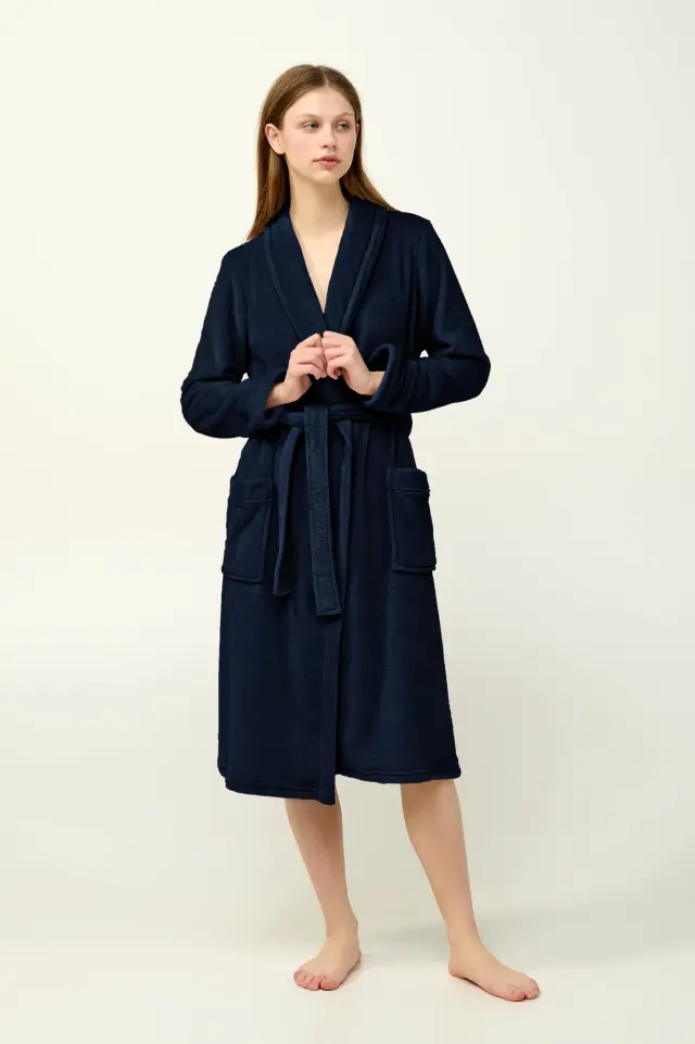 Μονόχρωμη Μακριά Γυναικεία Ρόμπα Fleece Vamp 23361 BLUE