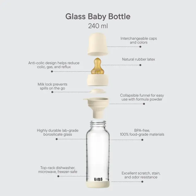 BIBS Γυάλινο Μπιμπερό 240ml Με Θηλή Latex Baby Blue 3