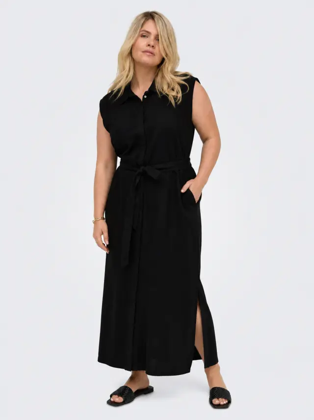 Μάξι αμάνικο φόρεμα με ζώνη στη μέση plus size - Μαύρο - 44 2