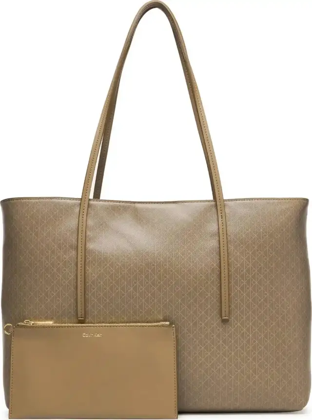 Calvin Klein Γυναικεία Μεγάλη Τσάντα Emblem Αll Over Print Tote With Pouch Μπεζ