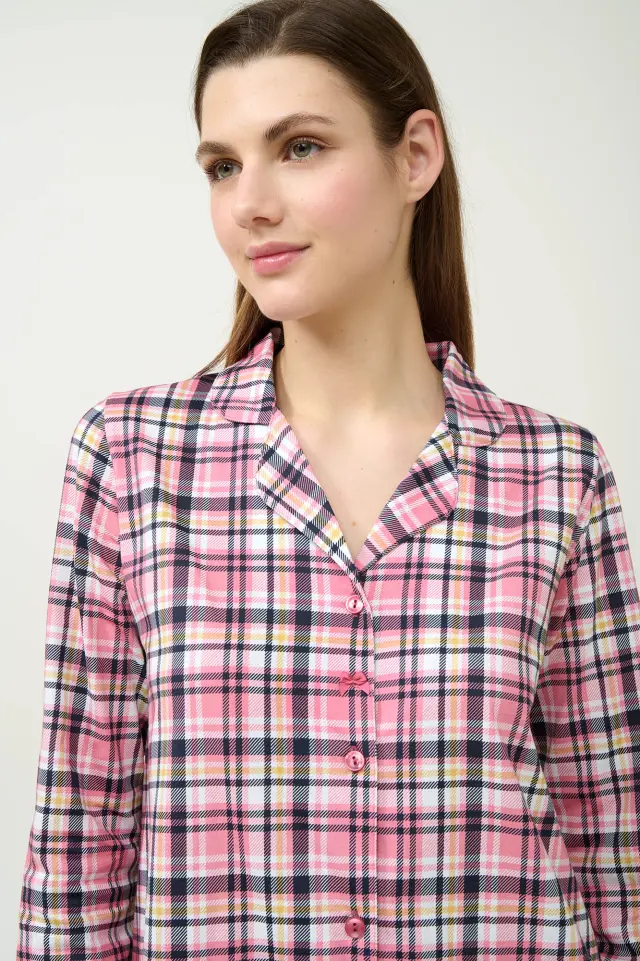 Βαμβακερό Κουμπωτό Καρό Νυχτικό Vamp 23211 PINK WOOD 2