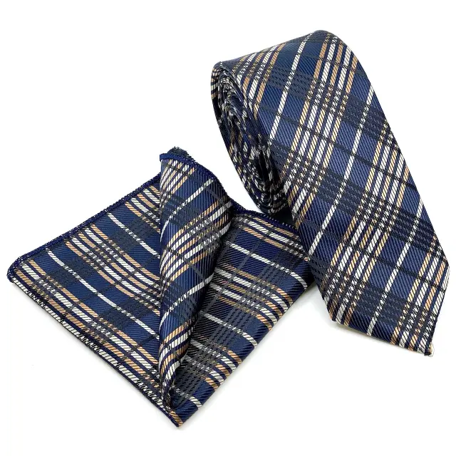 Μπλε - Ταμπά Καρό Γραβάτα Microfiber Σετ με Μαντήλι Σχέδιο 7562