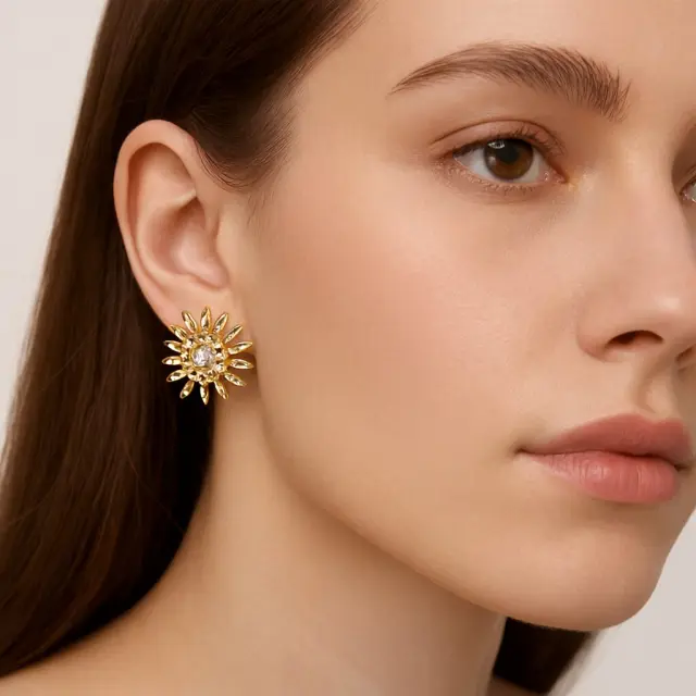 Ghetto Sunburst Stud Earrings Gold Plated in Stainless Steel 2