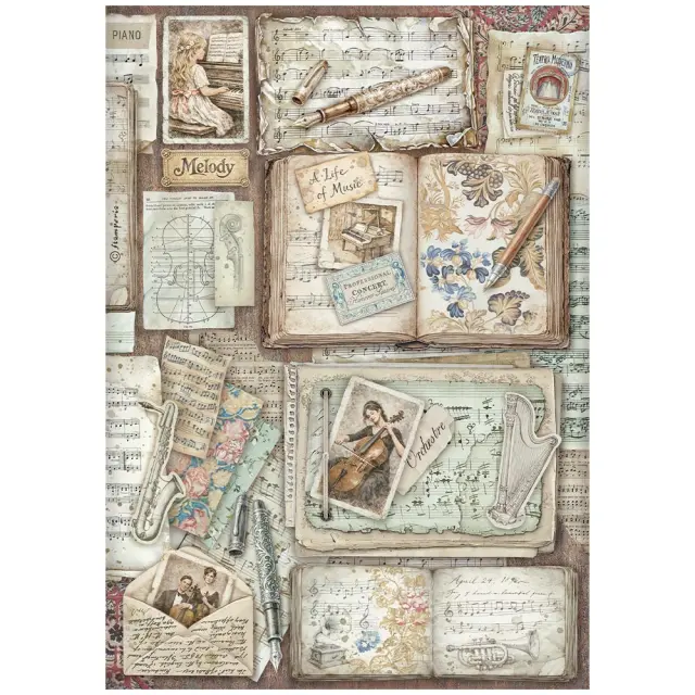 Ριζόχαρτο ντεκουπάζ Stamperia 21x29cm A4, Symphony, Γράμματα και βιβλία