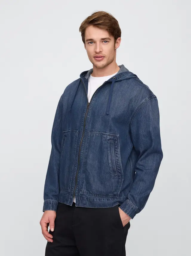 Μπλε Relaxed SuperSoft Πανωφόρι με Κουκούλα MEDIUM WASH - M