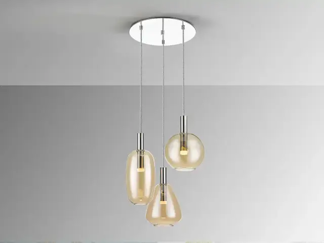 Κρεμαστό φωτιστικό Nara Chrome 3L LED D45 dimmable με κεχριμπαρένιο γυαλί Μαύρο Σατινέ ορείχαλκος Χάλκινο