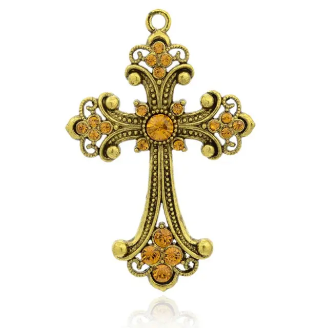 Μεταλλικό Κρεμαστό Antique Golden Rhinestone Topaz, Σταυρός 75x50x6mm - 1τεμ