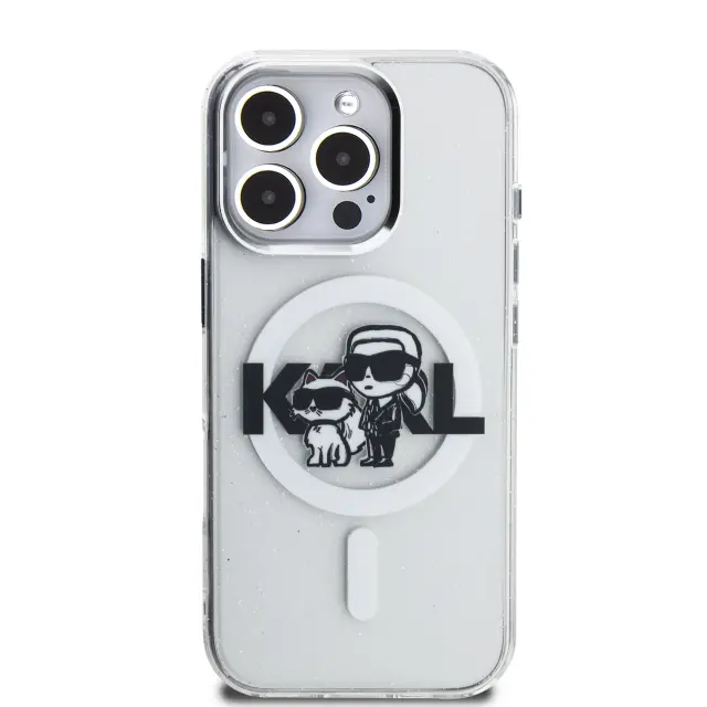 Karl Lagerfeld IML Glitter Karl and Choupette Sketch MagSafe Case for iPhone 16 Pro Transparent 3