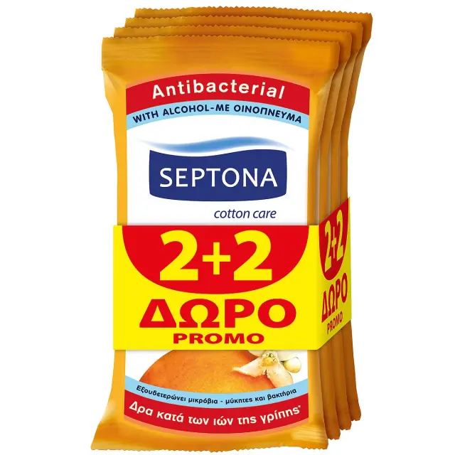 Septona | Antibacterial Wipes Αντιβακτηριδιακά Μαντηλάκια Χεριών με Άρωμα Πορτοκάλι 2+2 ΔΩΡΟ | 4x15τμχ