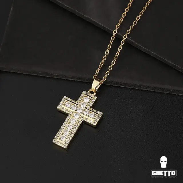 Ghetto CZ Cross Pendant Necklace Gold18k Plated 2