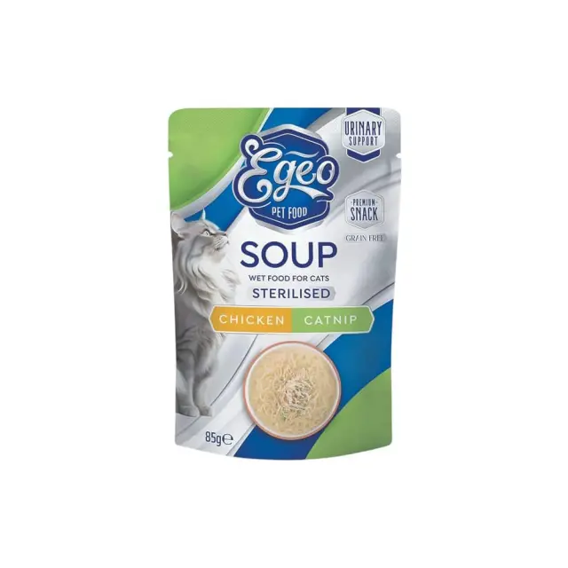 Egeo Cat Sterilised Σούπα Με Κοτόπουλο & Catnip για Υποστήριξη Ουροποιητικού 85ml Μονόχρωμο