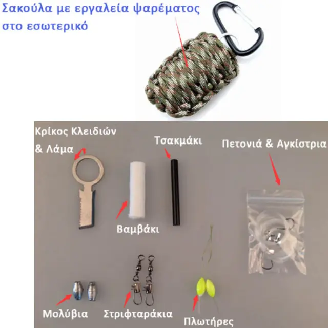 Εργαλεία Ψαρέματος μέσα σε Θήκη Paracord 5.5x9cm + Carabiner