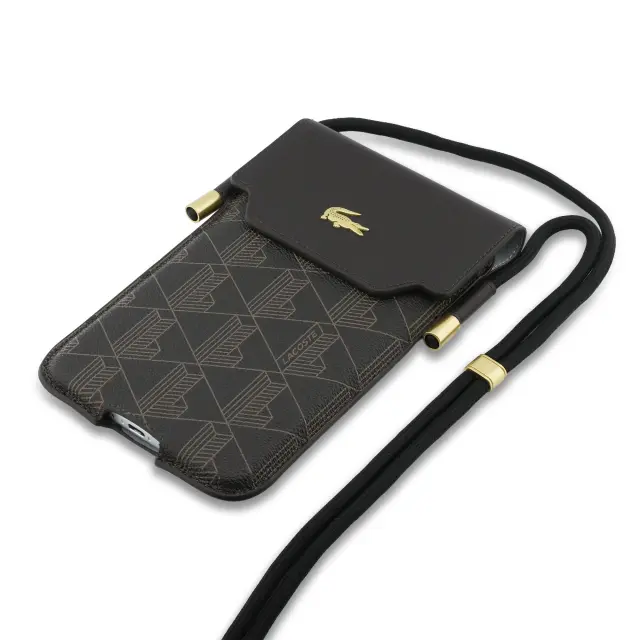 Lacoste PVC Blend Monogram Metal Logo Phone Pouch XL Brown 3