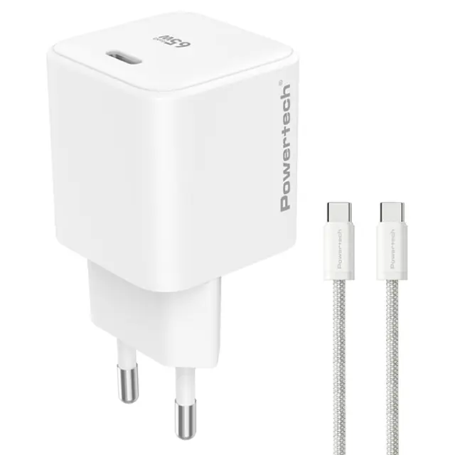 Powertech Wall Adapter USB-C 65W GaN3 & USB-C Cable White (PT-1577)
