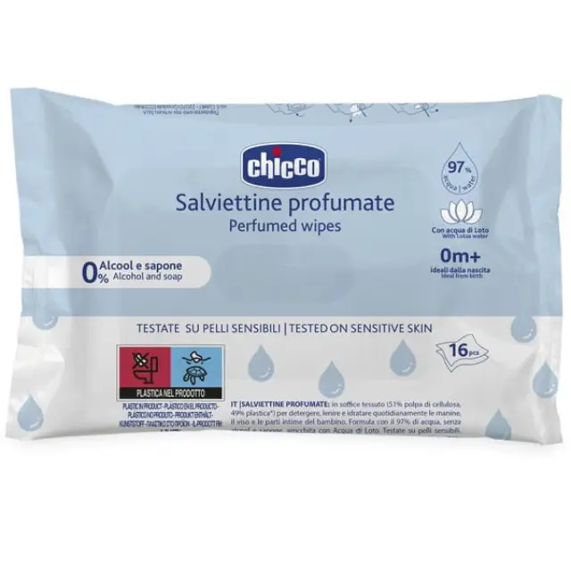 Chicco Perfumed Wipes Μωρομάντηλα με 97% Νερό Χωρίς Οινόπνευμα & Σαπούνι 0m+ 16τμχ