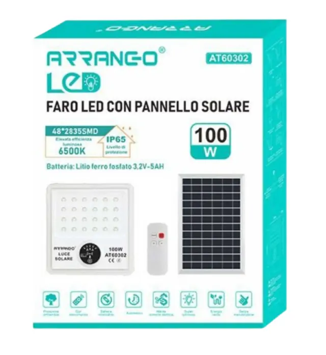 Arrango Στεγανός Ηλιακός Προβολέας LED 100W IP65 με Τηλεχειριστήριο AT60302 3