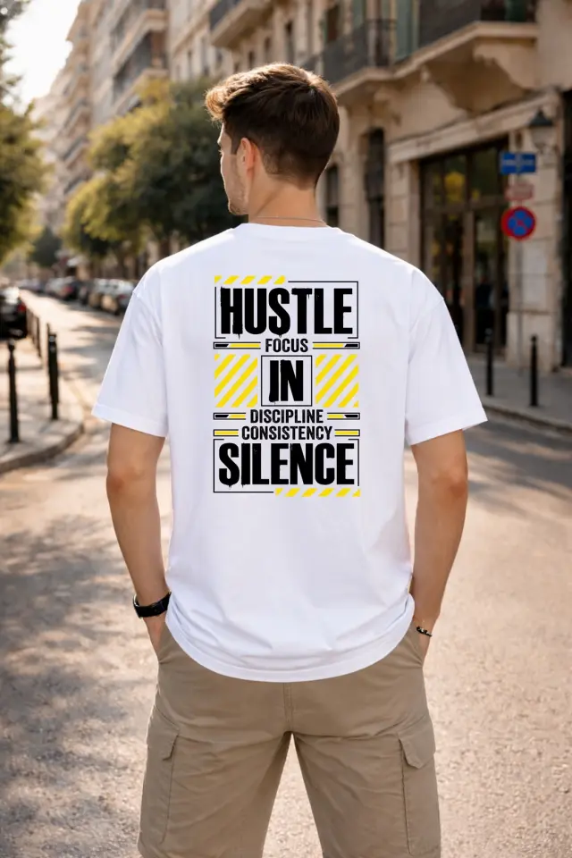 T-shirt Noshame® Oversized Λευκό με τύπωμα Hustle In Silence - 152629 - XXL