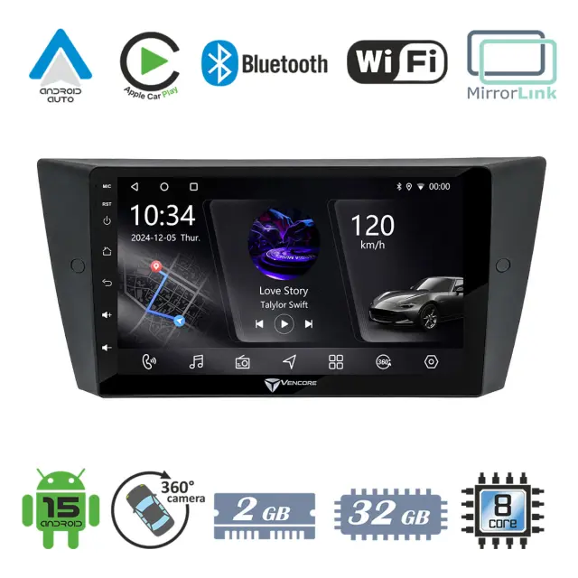 VenCore Οθόνη Multimedia Android 15 9" PX5S Octa-Core 2GB/32GB IPS με Πρόσοψη, CarPlay, Android Auto και Υποστήριξη Κάμερας 360° για BMW 3 Series Lite 2006-2011 – Μαύρη (3236-10005-0751B)