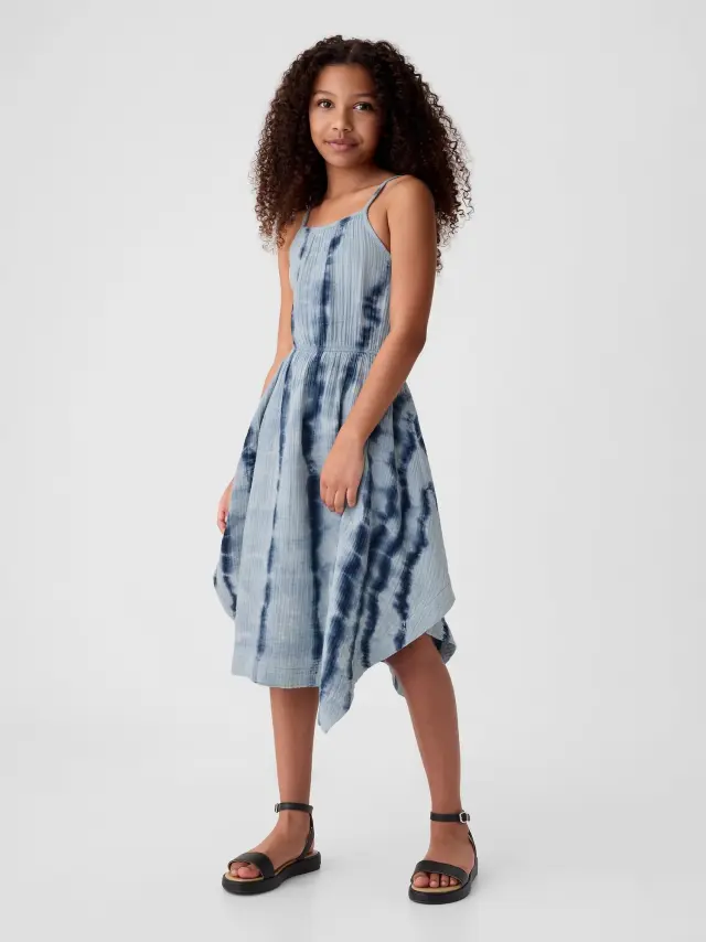 Μπλε Παιδικό Crinkle Gauze Handkerchief Στρίφωμα Φόρεμα tie dye indigo - S