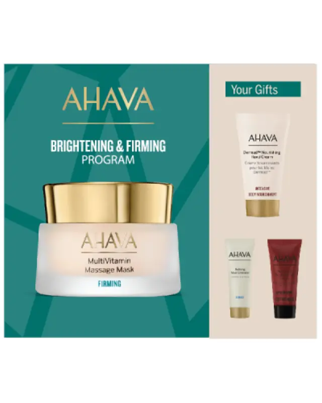 AHAVA Brightening & Firming Program, MultiVitamin Massage Mask - 50ml & Dermud Hand Cream - 40ml & Refining Mud Exfoliator - 15ml & Advanced Deep Wrinkle Cream - 15ml