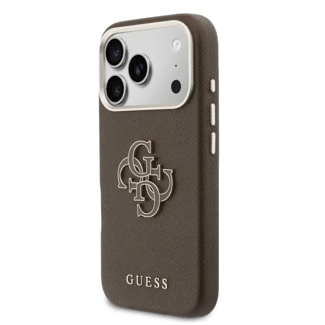 Guess PU Grained 4G Resin Metal Logo Case for iPhone 17 Pro Brown 2