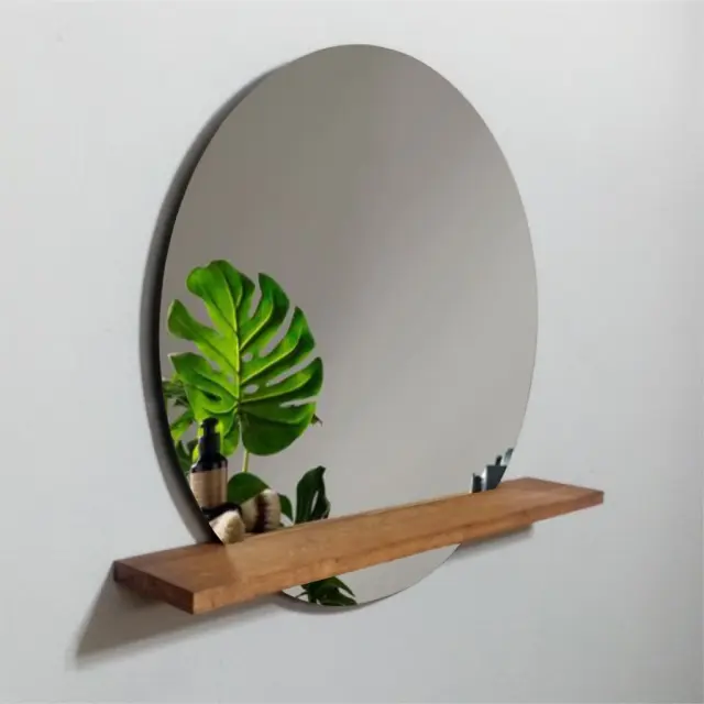 Stewehome Στρογγυλός Καθρέφτης με Ξύλινο Ράφι 65x70x12 cm 2
